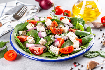 Fresh vegetables salad from spinach, tomato, feta cheese, onion in plate on a light background