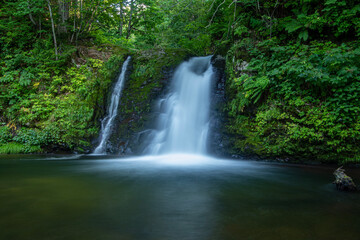 夏の名寄市 新緑と晨光の滝