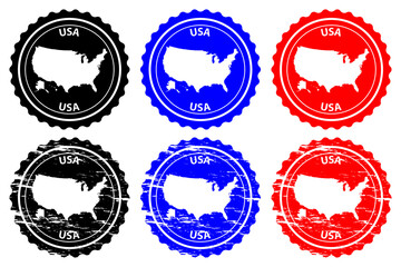USA - rubber stamp - vector, United States of America continent map pattern - sticker - black, blue and red