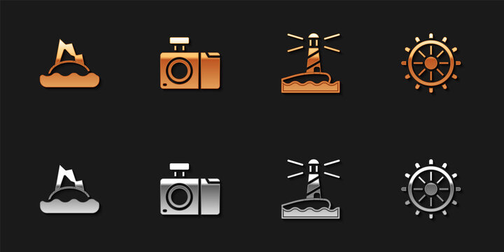 Set Tropical island in ocean, Photo camera, Lighthouse and Ship steering wheel icon. Vector