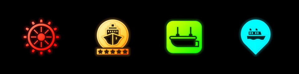 Set Ship steering wheel, Cruise ship, Lifeboat and Location with cruise icon. Vector