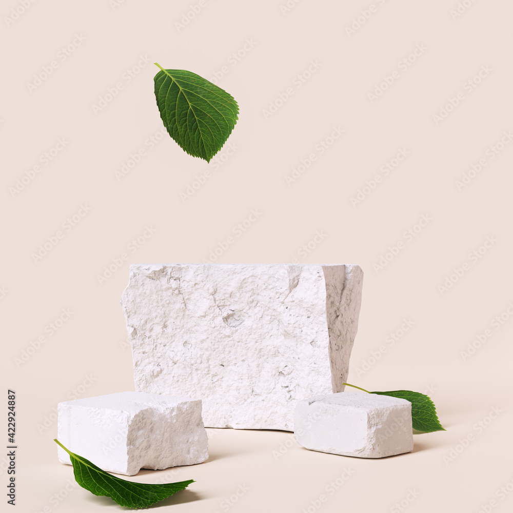 Wall mural Natural organic cosmetic product presentation. Stone podium elements with green leaves falling. 3d rendering