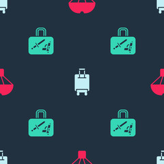 Set Box flying on parachute, Suitcase and on seamless pattern. Vector