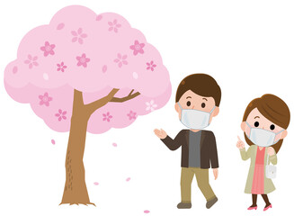 マスクをして歩きながら花見をする男女　イラスト