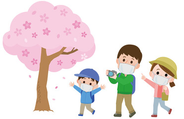 マスクをして歩きながら花見をする親子　イラスト