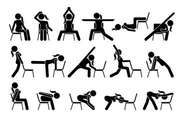Chair yoga exercises stick figure pictogram icons. Vector illustrations of chair yoga postures, poses, and workout for beginners.