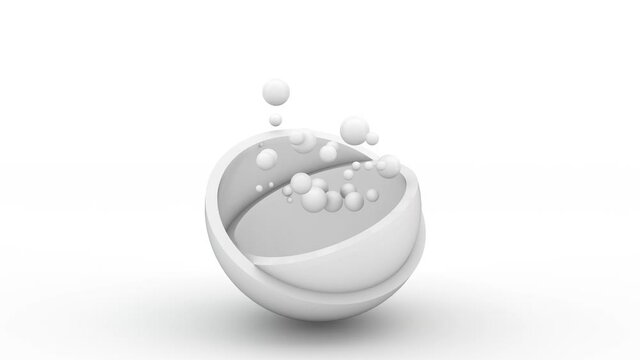 Loop 3d animation of a white sphere made of two hemispheres. Liquid white drops fly out of the box. The balls float in the air and return to the sphere. Abstract desktop background.