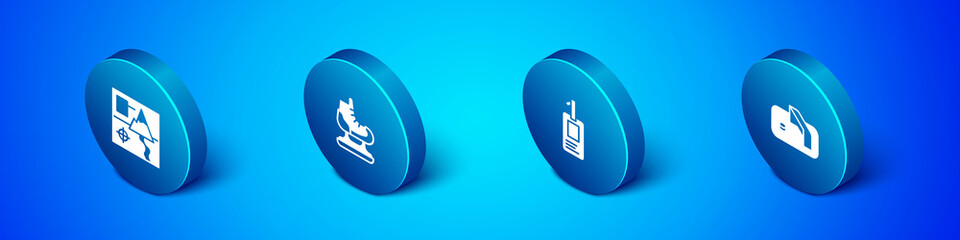 Set Isometric Folded map, Identification badge, Ice hockey goal and Skates icon. Vector
