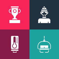 Set pop art Ski lift, Meteorology thermometer, Winter athlete and Award cup icon. Vector