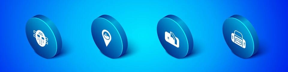 Set Isometric Hockey mask, Ice hockey goal, Sport bag and Location with mountain icon. Vector