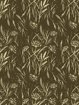 Wild grasses seamless pattern. Grass silhouettes, cereal plants