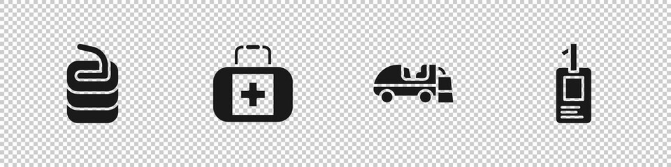 Set Stone for curling, First aid kit, Ice resurfacer and Identification badge icon. Vector