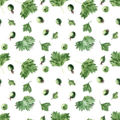 Watercolor seamless pattern with the image of twigs, leaves and berries of ripe gooseberries
