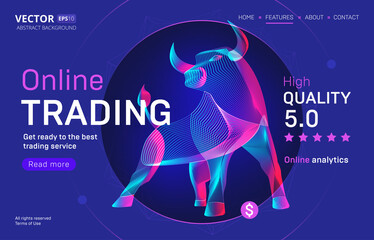 Online trading business service landing page template with a high-quality rating. Abstract outlined vector illustration of a bull or bison silhouette in 3d neon line art style