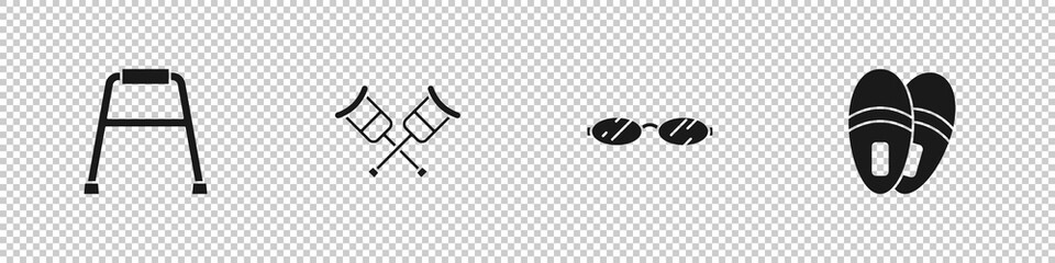 Set Walker, Crutch or crutches, Eyeglasses and Slippers icon. Vector