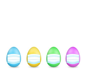 Multicolored colorful Easter eggs with a protective face mask against a White background.Healthy, Safe and Happy Easter. Stay home stay safe.Banner. Copy Space for text