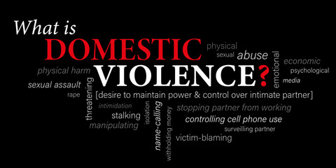 WHAT IS DOMESTIC VIOLENCE? vector word cloud on black background