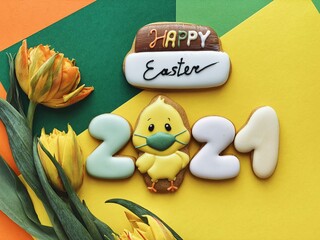 happy easter greeting card with face protective mask to prevent coronavirus pandemic