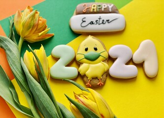 happy easter greeting card with face protective mask to prevent coronavirus pandemic