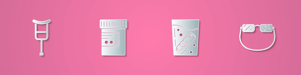 Set paper cut Crutch or crutches, Medicine bottle and pills, False jaw glass and Eyeglasses icon. Paper art style. Vector