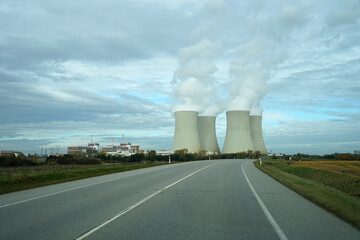 Temelin Nuclear power station plant with two atomic reactors and four cooling towers, Temelin,...