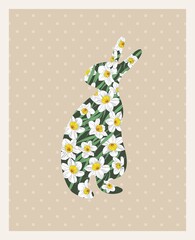 Silhouette of easter bunny with daffodil flowers on light background. Stock vector illustration for web, pint, wallpaper, backround, invitation and postcard.