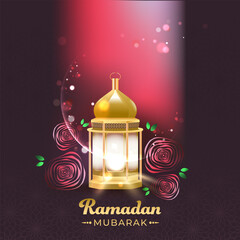 Golden Ramadan Mubarak Text With Illuminated Lantern, Crescent Moon And Rose Flowers On Abstract Islamic Pattern Background.