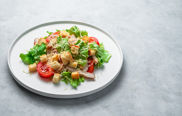 Fresh vegetable salad with chicken breast on a gray background with space to copy.