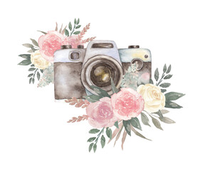 Watercolor vintage retro camera with boho flowers roses.