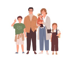 Portrait of happy family with parents and children isolated on white. Young father, mother, sons and daughter. Colored flat vector illustration of smiling husband, wife and kids standing together