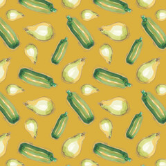 watercolor illustration seamless pattern,juicy garden pear and zucchini