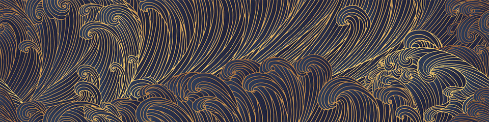 Line art design of waves, montain, modern hand-drawn vector background, gold ink pattern. Minimalist Asian style. © Gluiki