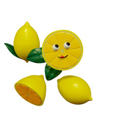 Сute and happy cartoon character of lemon fruit isolated on white background. 3d render illustration