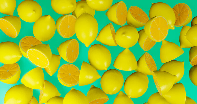 Сlose-up of yellow lemons on a green background. 3d render illustration