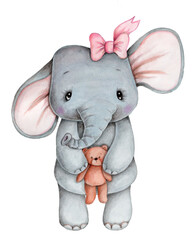 Watercolor hand drawn illustration, sketch of cute cartoon characters - baby elephants, toy anmals. Isolated on white background.
