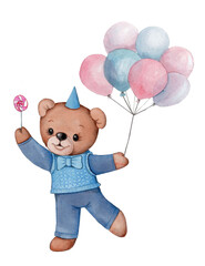 Watercolor hand drawn illustration, sketch of cute cartoon character teddy bear with balloons. Isolated on white background.