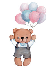 Watercolor hand drawn illustration, sketch of cute cartoon character - teddy bear flying with balloons, toy anmal. Isolated on white background.