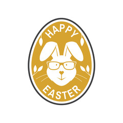 We wish you a very happy easter card, badge, logo, sign. Vector. Typography design with easter rabbit and hand eggs. Modern minimal style. Easter Egg Hunt