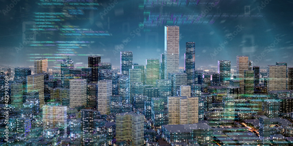 Poster smart city with network and communication connection - 3d rendering