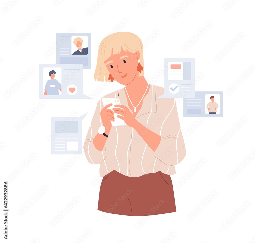 Poster young woman using dating app on mobile phone for finding boyfriend. person with smartphone seeking f