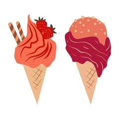 A set of two ice creams in a minimalist, boho style. Isolated over white background. Delicious summer appetizing food collection. Simple modern design. Vector illustration.