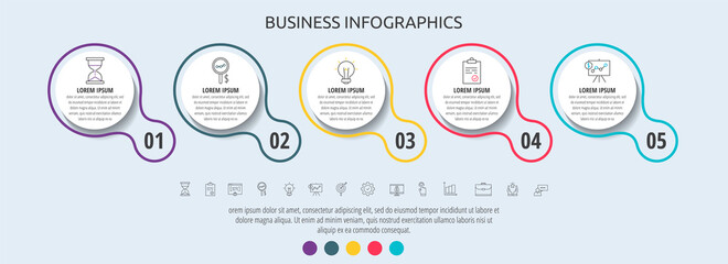 Circles vector infographic with 5 step, icons. Timeline used for diagram, chart, web, banner, workflow layout, presentations, flowchart, processes diagram