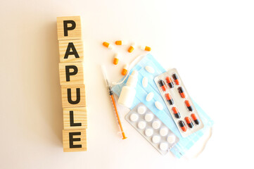 The word PAPULE is made of wooden cubes on a white background. Medical concept.