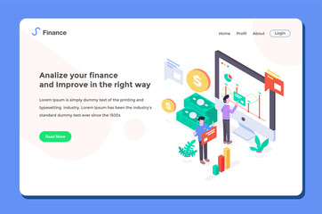User interface Landing Page Workers doing Financial Analysis with diagram cash flow money dollar profit and loss isometric flat design style