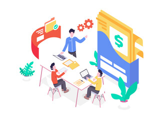 Vector Illustration Employee sit discussion doing Financial Arrangement file setting presentation discussion isometric flat design style