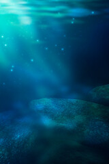 Depth of sea water, the bottom of the sea, the rays of the sun through the water, the underwater world, dark sea the background. Rocks and stones under water. Sea sand. 3d illustration 
