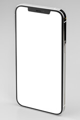 Modern smartphone with white screen on gray background