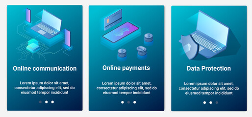 Modern flat illustrations in the form of a slider for web design. A set of UI and UX interfaces for the user interface.Online communication,data protection and payment protection.