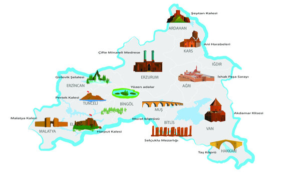 Turkey's historical and touristic places. Eastern Anatolia (doğu anadolu) region. Touristic places. Vector images.