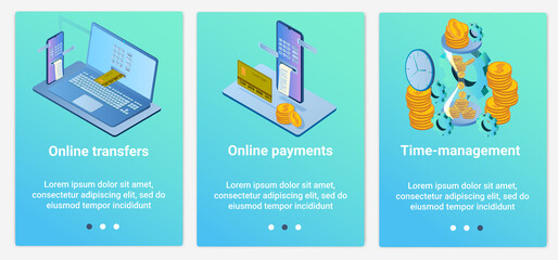 Modern flat illustrations in the form of a slider for web design. A set of UI and UX interfaces for the user interface.Online transfers,online payments, and time management.